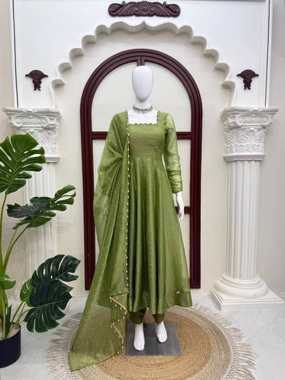 Pistachio Green Foil Work Gown Set with Pants & Dupatta