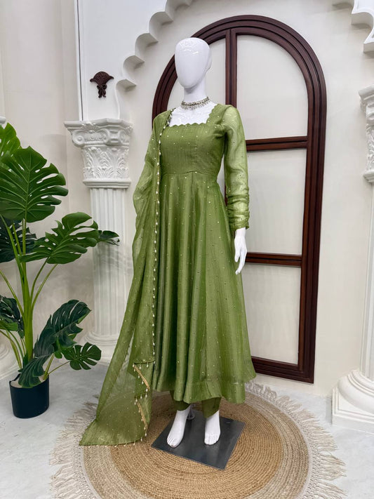 Pistachio Green Foil Work Gown Set with Pants & Dupatta