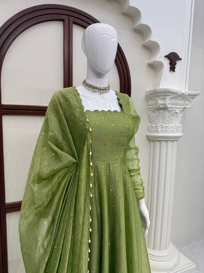 Pistachio Green Foil Work Gown Set with Pants & Dupatta