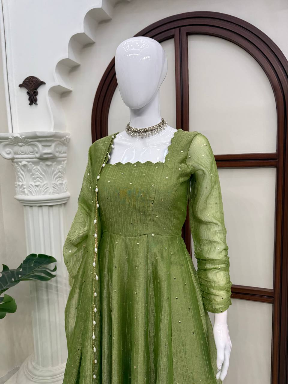 Pistachio Green Foil Work Gown Set with Pants & Dupatta