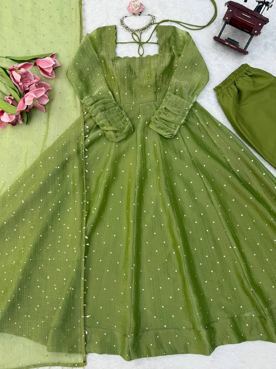 Pistachio Green Foil Work Gown Set with Pants & Dupatta