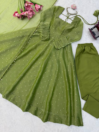 Pistachio Green Foil Work Gown Set with Pants & Dupatta