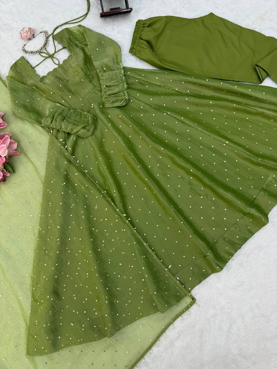 Pistachio Green Foil Work Gown Set with Pants & Dupatta