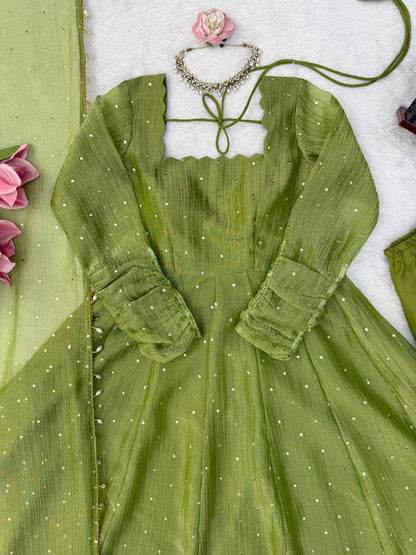Pistachio Green Foil Work Gown Set with Pants & Dupatta