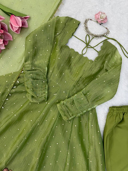 Pistachio Green Foil Work Gown Set with Pants & Dupatta
