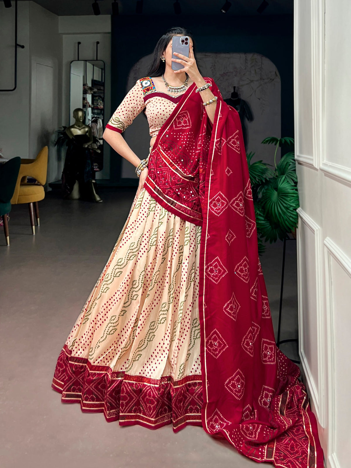 Tasar Silk Bandhej Chaniya Choli with Gotta Patti & Gamthi Work
