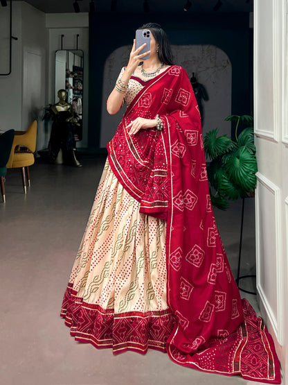 Tasar Silk Bandhej Chaniya Choli with Gotta Patti & Gamthi Work