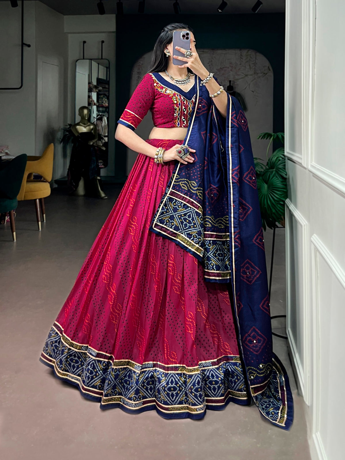 Tasar Silk Bandhej Chaniya Choli with Gotta Patti & Gamthi Work