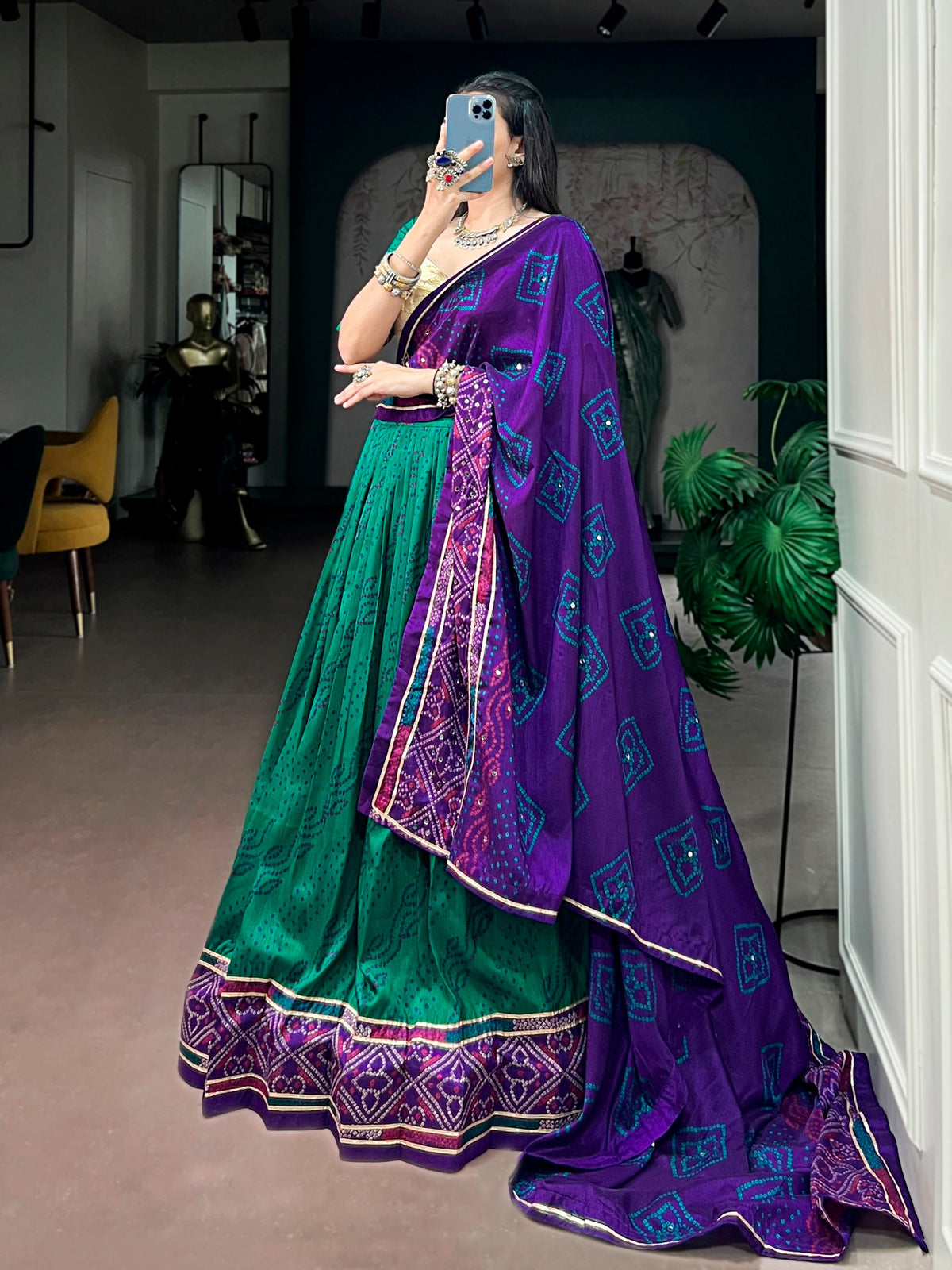 Tasar Silk Bandhej Chaniya Choli with Gotta Patti & Gamthi Work
