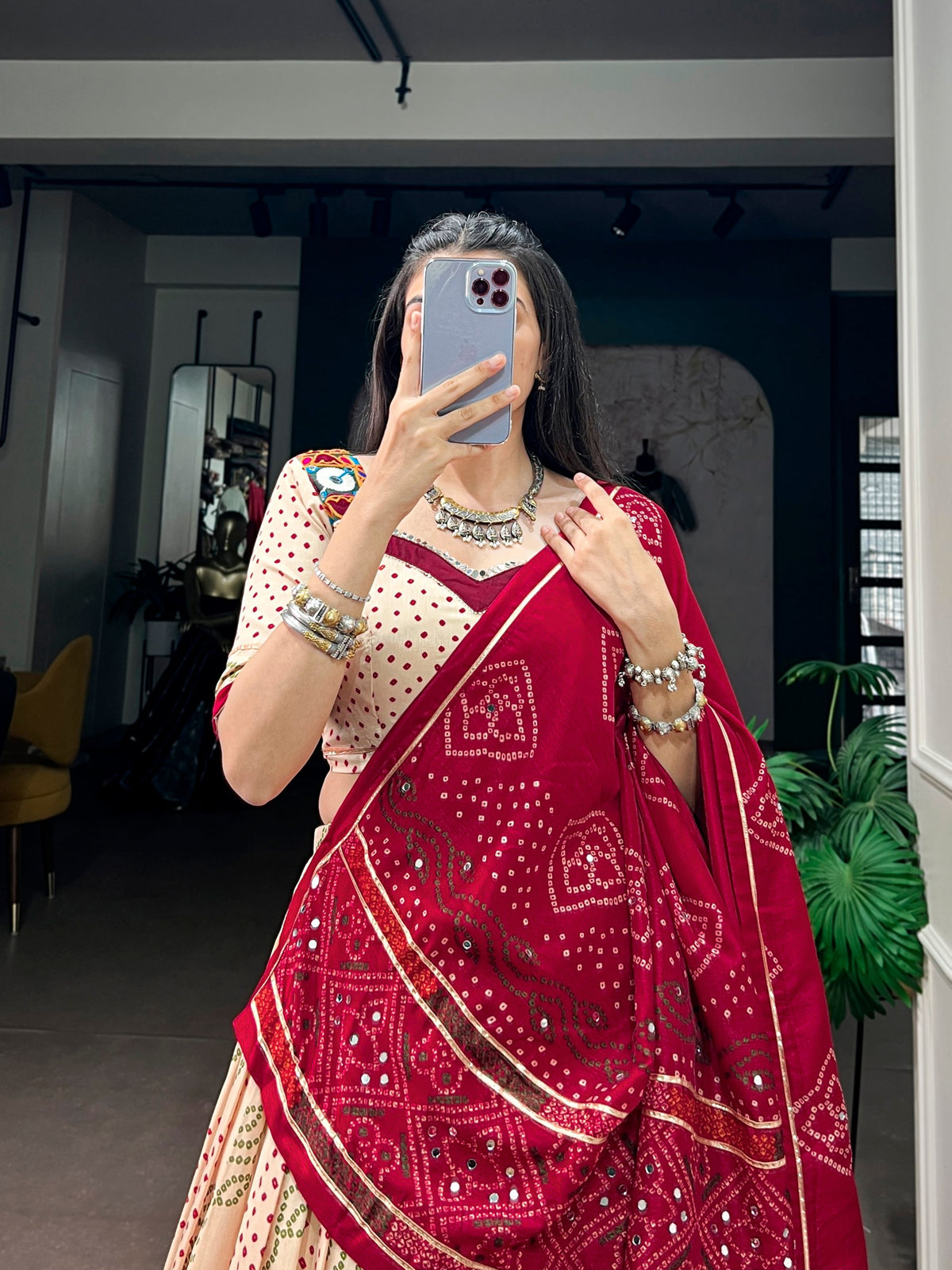 Tasar Silk Bandhej Chaniya Choli with Gotta Patti & Gamthi Work