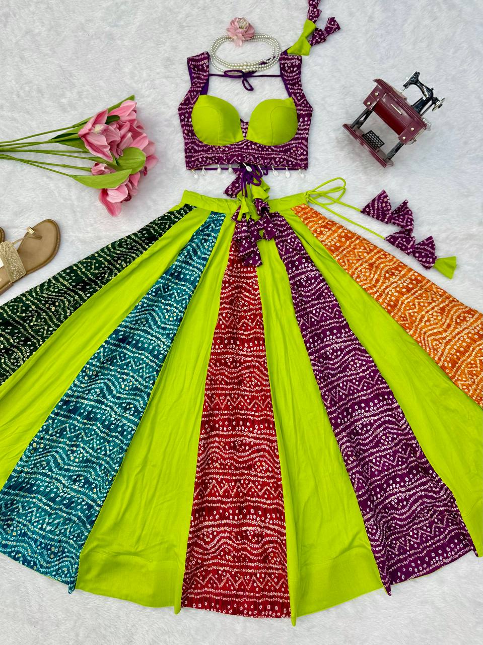 Multicolour Bandhani Style Chaniya Choli with Tassel Detailing