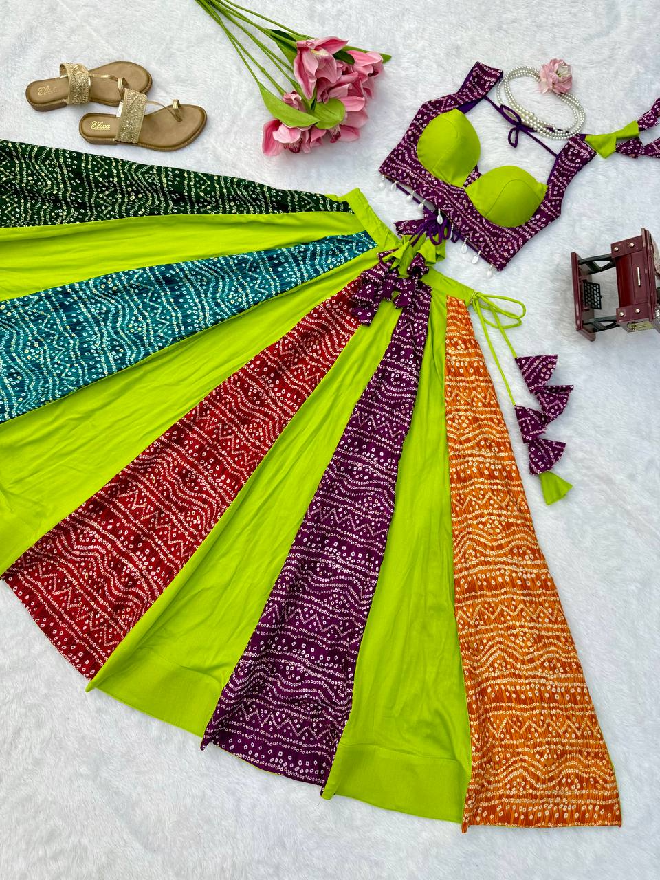 Multicolour Bandhani Style Chaniya Choli with Tassel Detailing