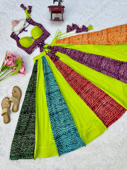 Multicolour Bandhani Style Chaniya Choli with Tassel Detailing