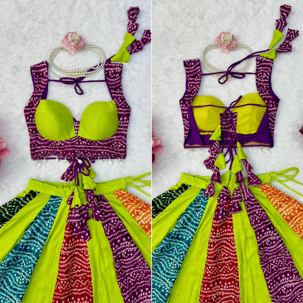Multicolour Bandhani Style Chaniya Choli with Tassel Detailing