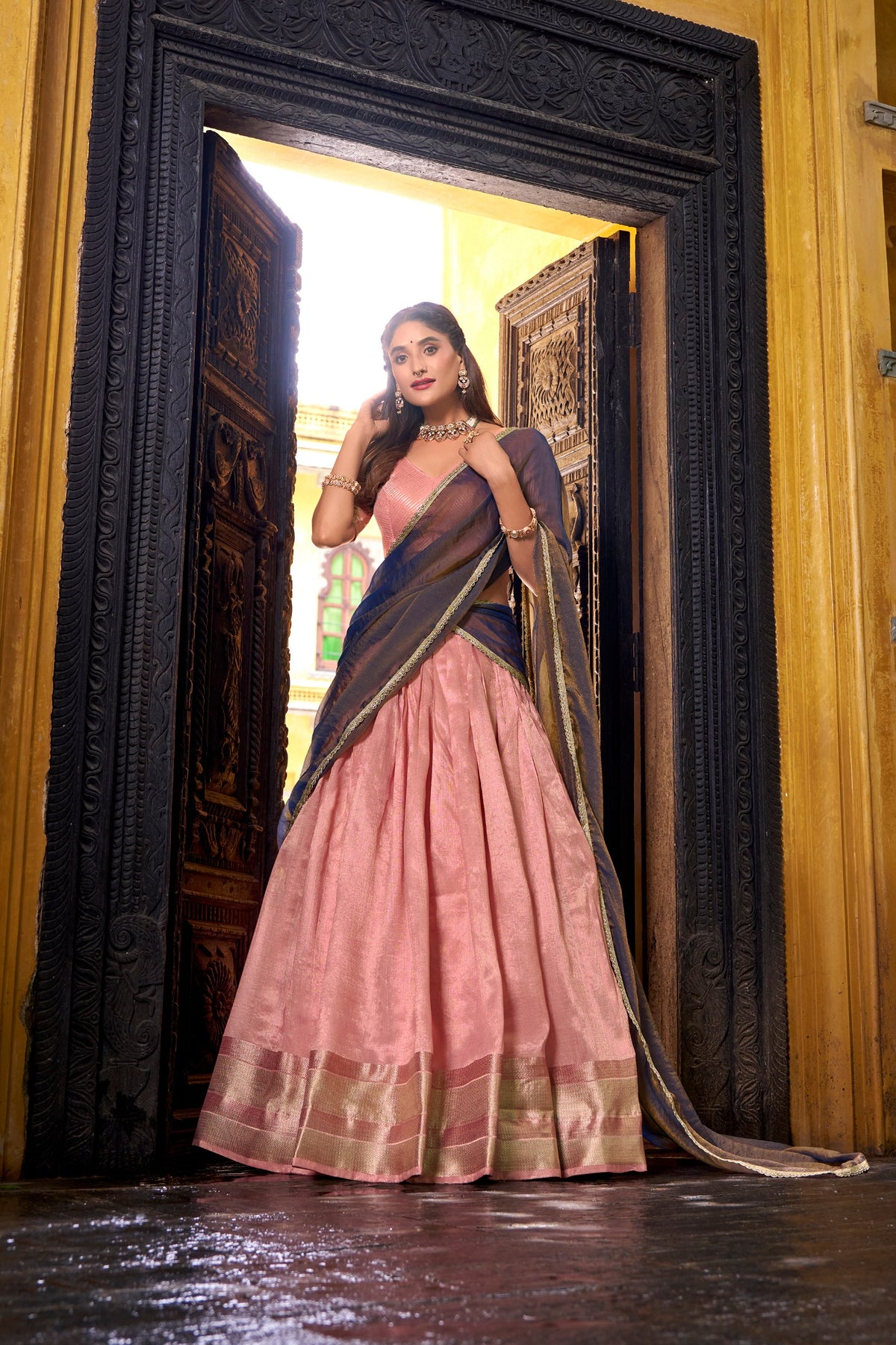 Pastel Dupion Silk Lehenga with Zari Weaving & Zari Shimmer Dupatta