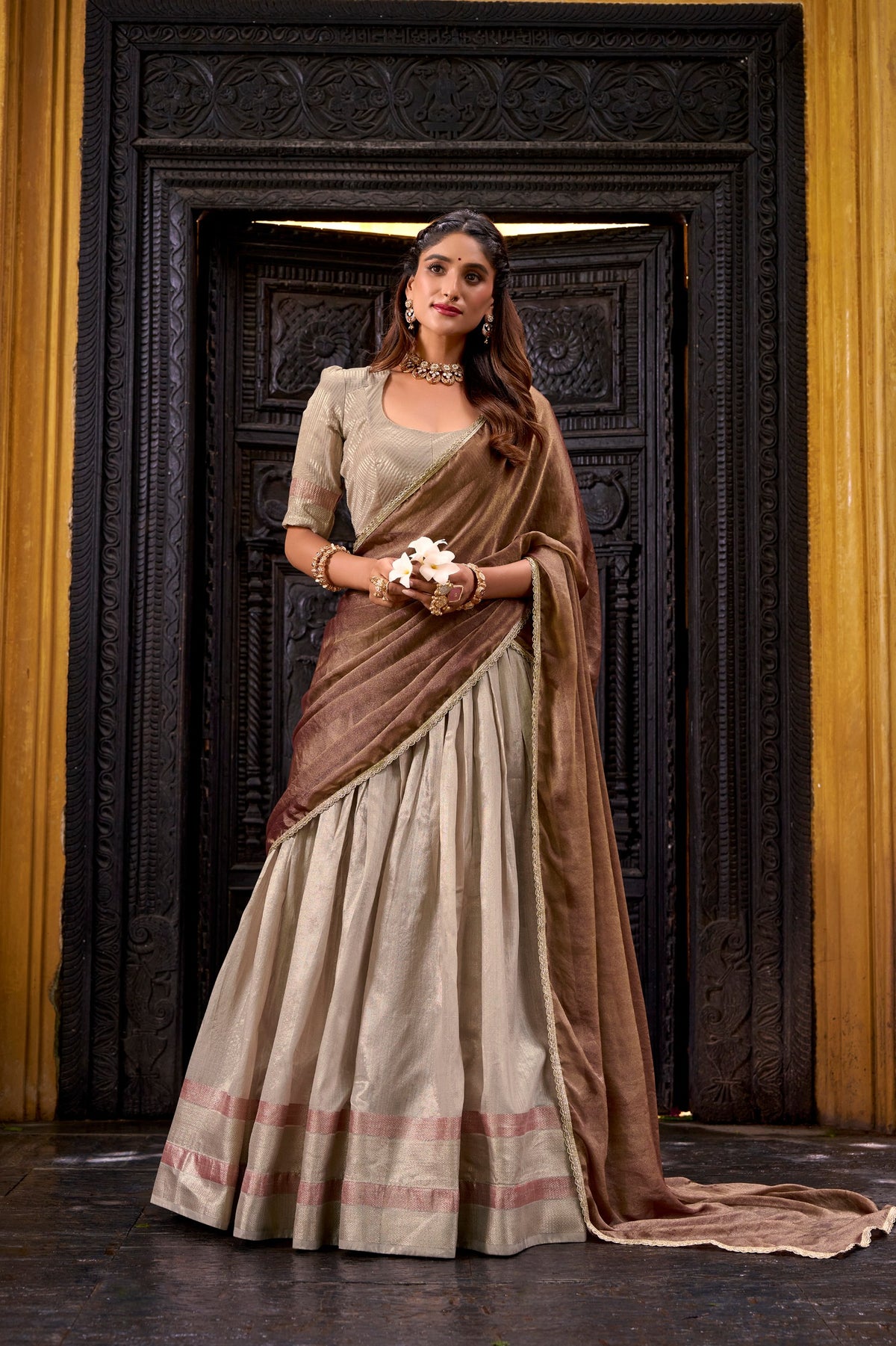 Pastel Dupion Silk Lehenga with Zari Weaving & Zari Shimmer Dupatta