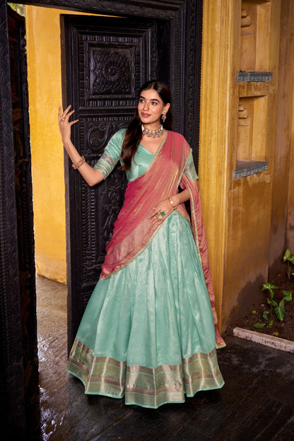 Pastel Dupion Silk Lehenga with Zari Weaving & Zari Shimmer Dupatta