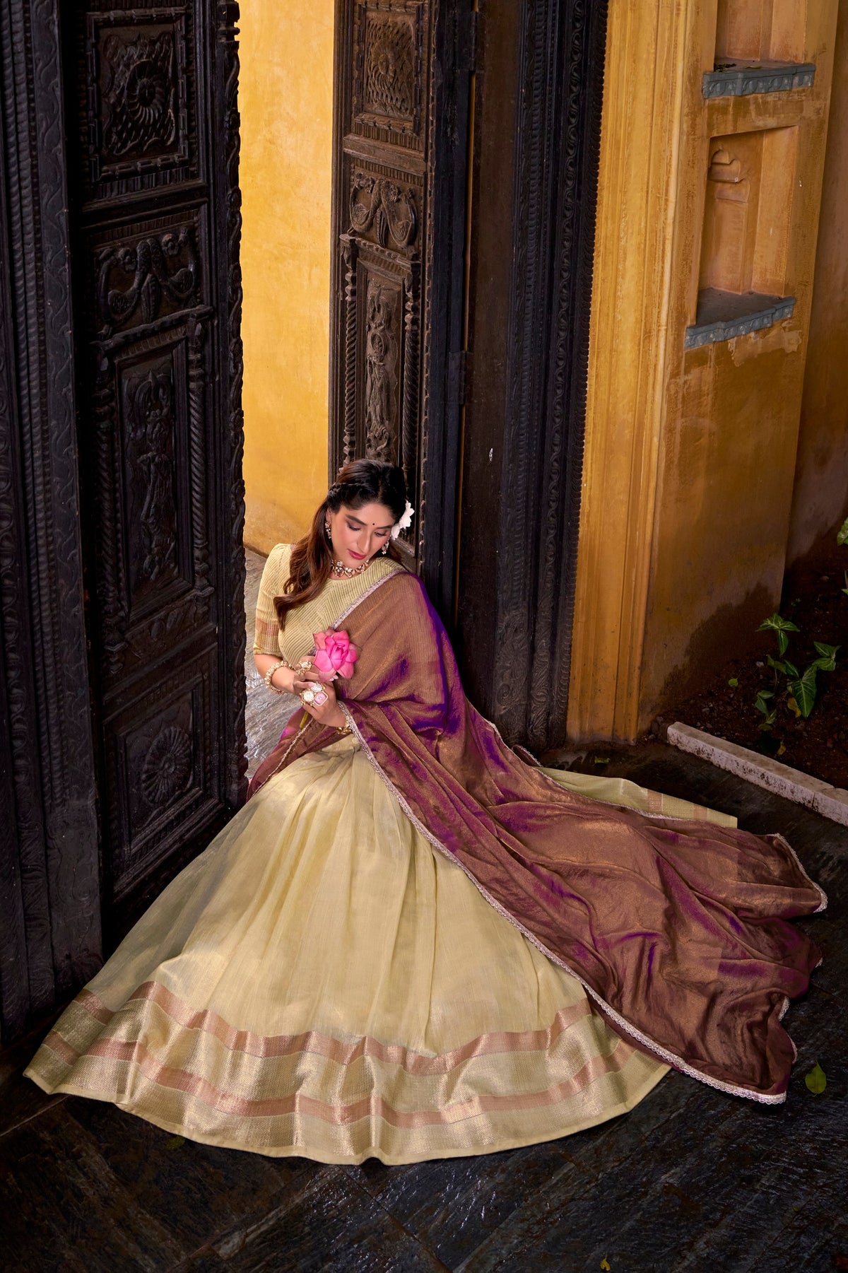 Pastel Dupion Silk Lehenga with Zari Weaving & Zari Shimmer Dupatta