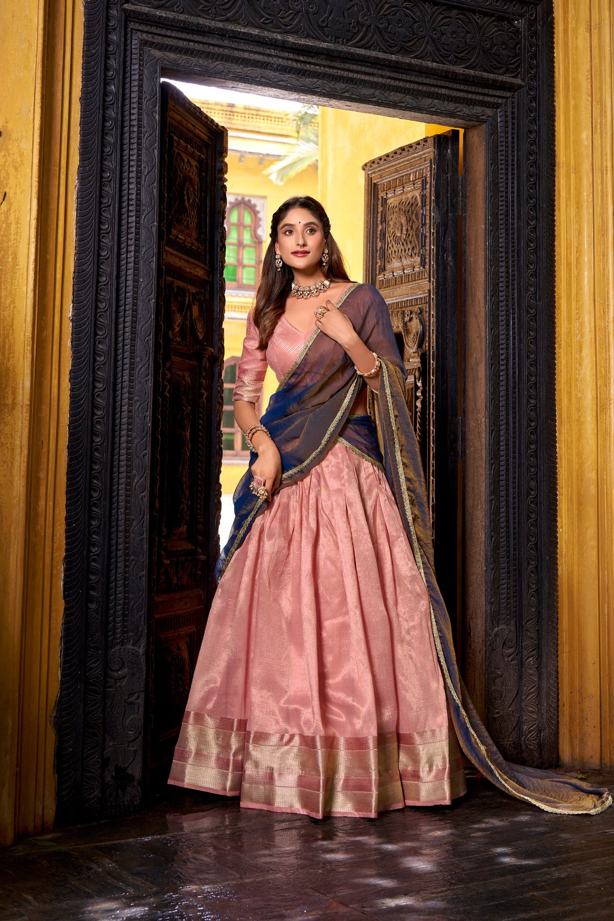 Pastel Dupion Silk Lehenga with Zari Weaving & Zari Shimmer Dupatta