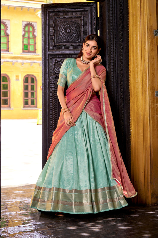 Pastel Dupion Silk Lehenga with Zari Weaving & Zari Shimmer Dupatta