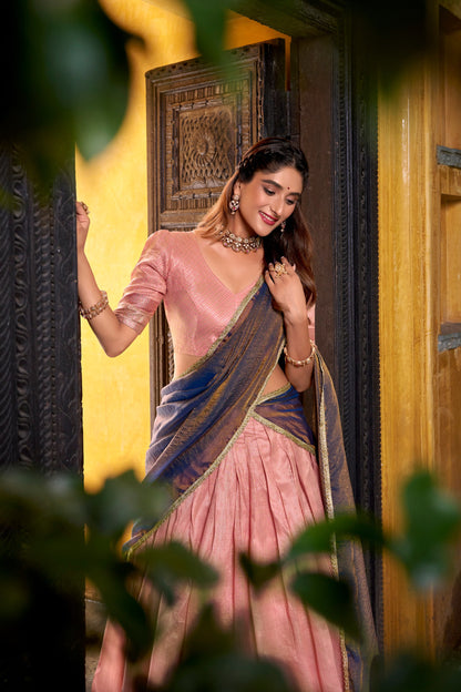 Pastel Dupion Silk Lehenga with Zari Weaving & Zari Shimmer Dupatta