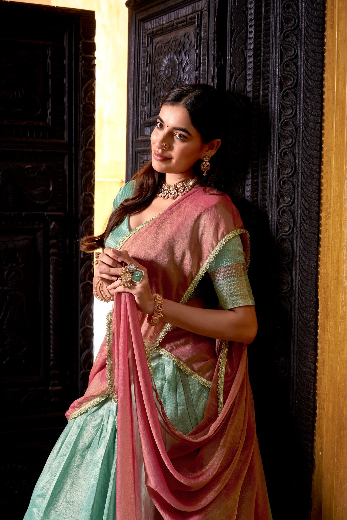 Pastel Dupion Silk Lehenga with Zari Weaving & Zari Shimmer Dupatta