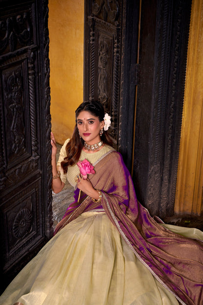 Pastel Dupion Silk Lehenga with Zari Weaving & Zari Shimmer Dupatta