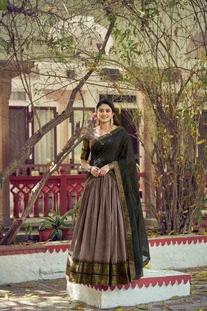Traditional South Indian Poly Cotton Lehenga with Zari Woven Border & Gota Patti Dupatta