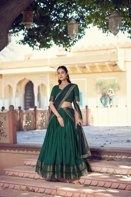 Traditional South Indian Poly Cotton Lehenga with Zari Woven Border & Gota Patti Dupatta