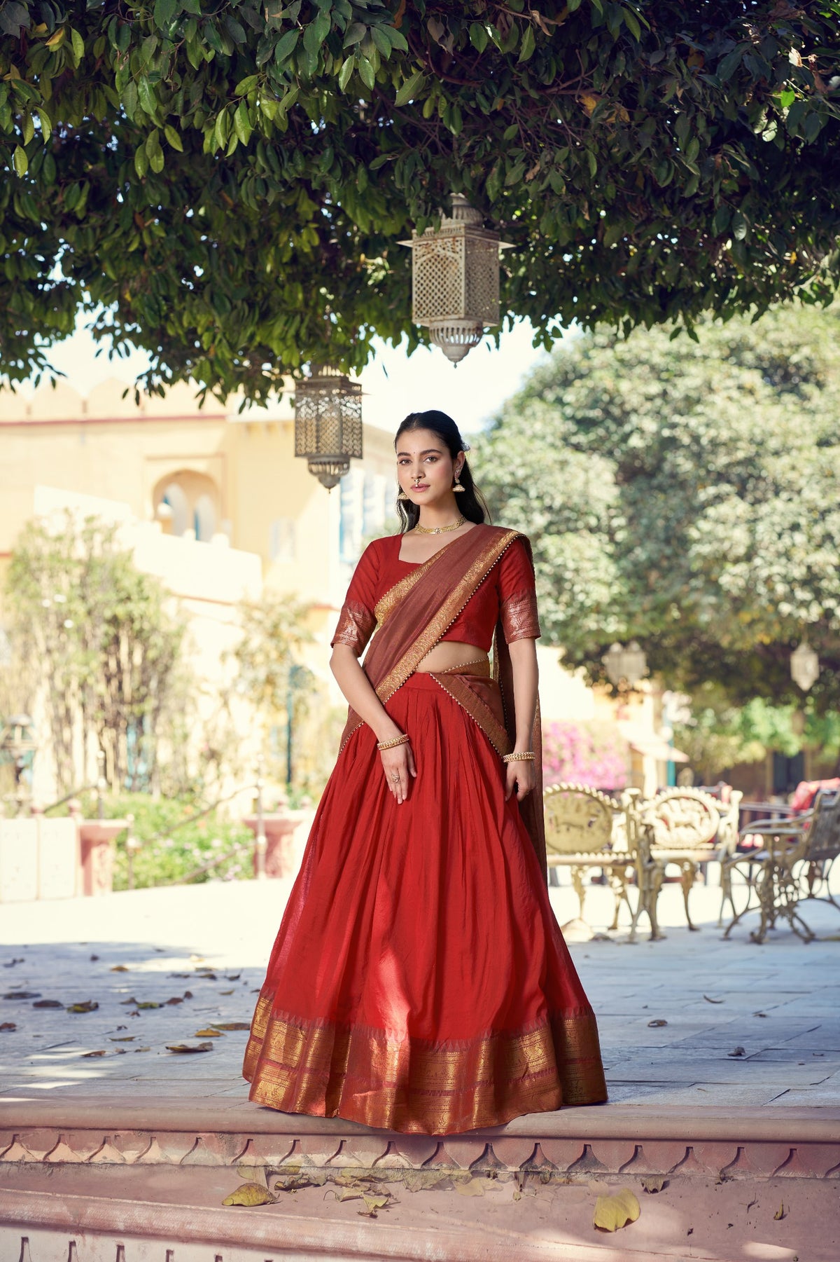 Traditional South Indian Poly Cotton Lehenga with Zari Woven Border & Gota Patti Dupatta