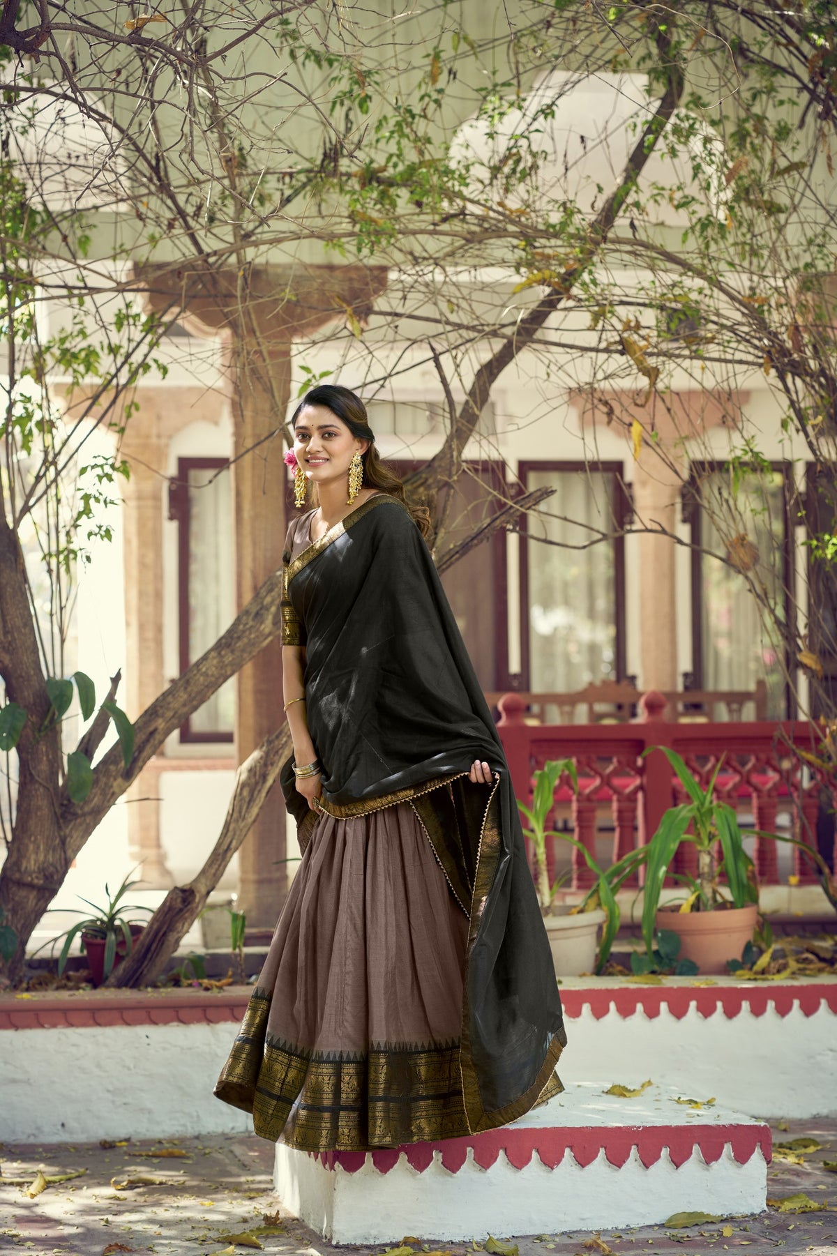 Traditional South Indian Poly Cotton Lehenga with Zari Woven Border & Gota Patti Dupatta