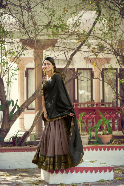 Traditional South Indian Poly Cotton Lehenga with Zari Woven Border & Gota Patti Dupatta