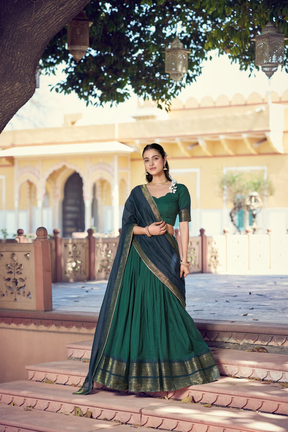 Traditional South Indian Poly Cotton Lehenga with Zari Woven Border & Gota Patti Dupatta