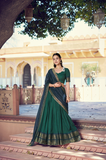 Traditional South Indian Poly Cotton Lehenga with Zari Woven Border & Gota Patti Dupatta