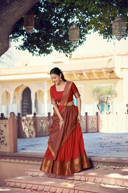 Traditional South Indian Poly Cotton Lehenga with Zari Woven Border & Gota Patti Dupatta