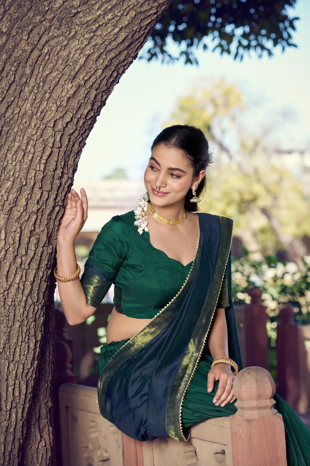 Traditional South Indian Poly Cotton Lehenga with Zari Woven Border & Gota Patti Dupatta