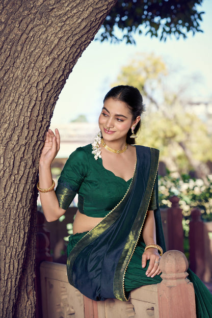 Traditional South Indian Poly Cotton Lehenga with Zari Woven Border & Gota Patti Dupatta