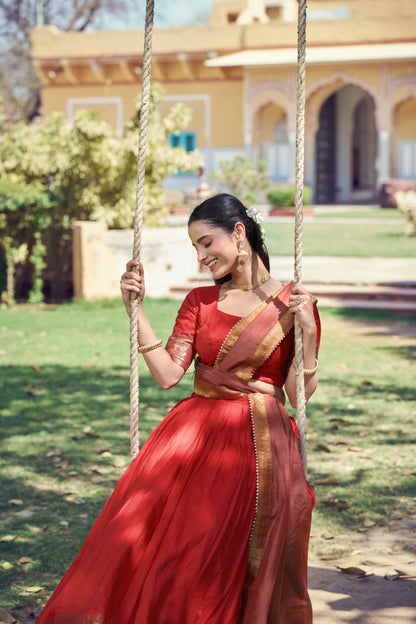Traditional South Indian Poly Cotton Lehenga with Zari Woven Border & Gota Patti Dupatta