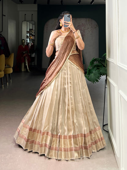 Pastel Dupion Silk Lehenga with Zari Weaving & Zari Shimmer Dupatta