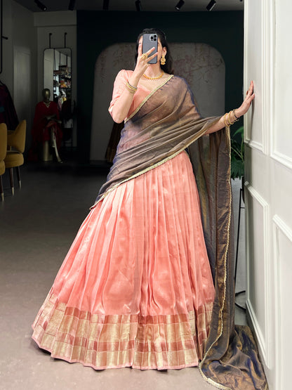 Pastel Dupion Silk Lehenga with Zari Weaving & Zari Shimmer Dupatta