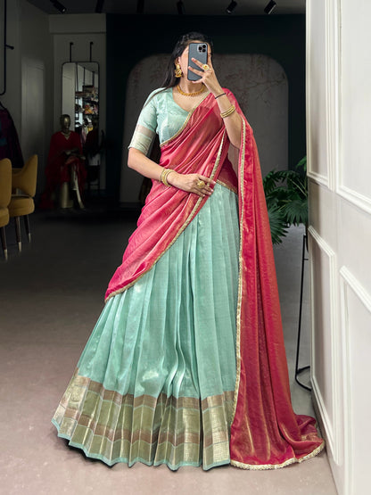 Pastel Dupion Silk Lehenga with Zari Weaving & Zari Shimmer Dupatta