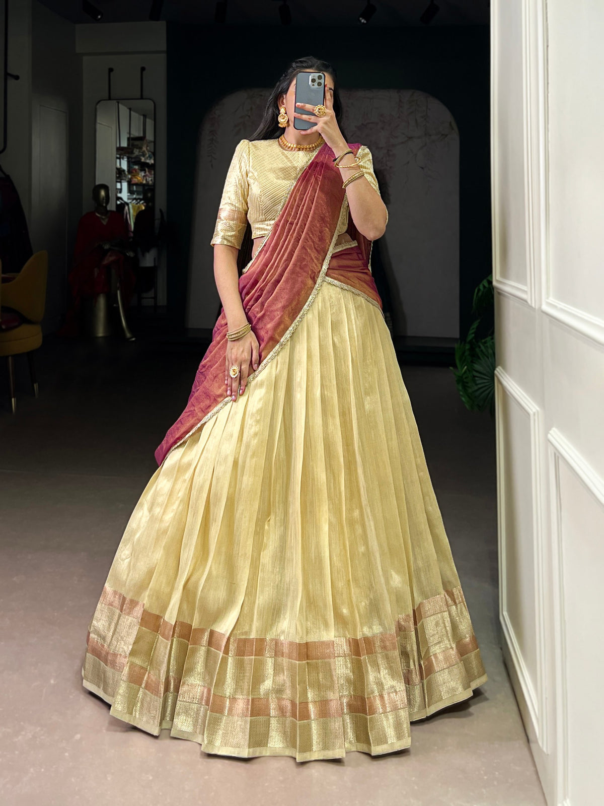 Pastel Dupion Silk Lehenga with Zari Weaving & Zari Shimmer Dupatta