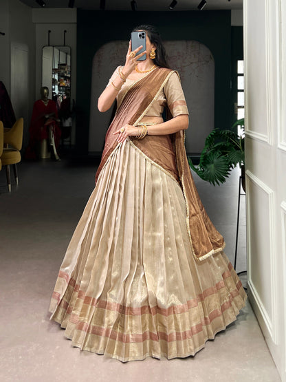 Pastel Dupion Silk Lehenga with Zari Weaving & Zari Shimmer Dupatta