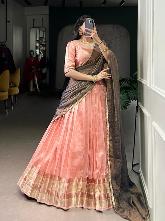 Pastel Dupion Silk Lehenga with Zari Weaving & Zari Shimmer Dupatta