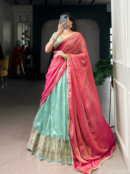 Pastel Dupion Silk Lehenga with Zari Weaving & Zari Shimmer Dupatta