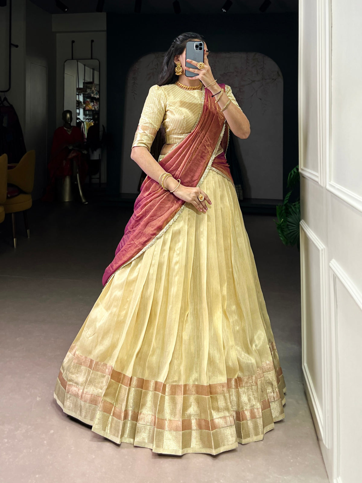 Pastel Dupion Silk Lehenga with Zari Weaving & Zari Shimmer Dupatta