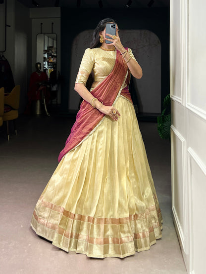 Pastel Dupion Silk Lehenga with Zari Weaving & Zari Shimmer Dupatta