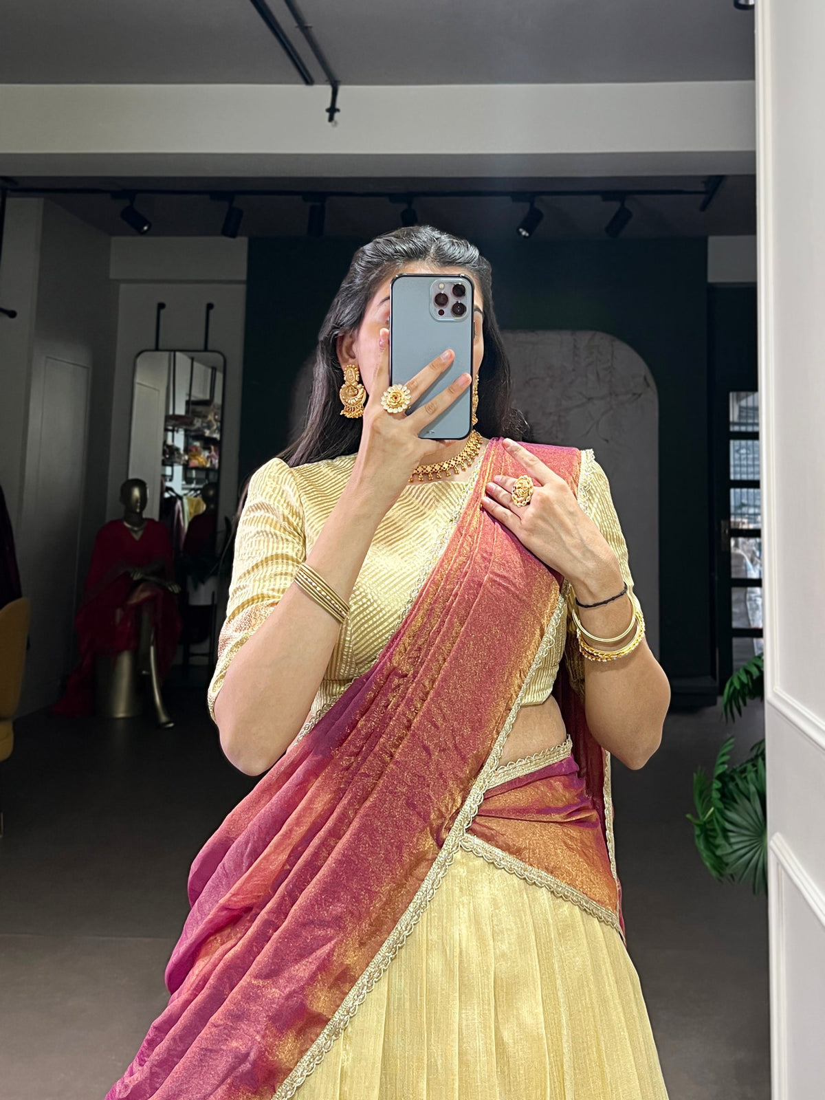 Pastel Dupion Silk Lehenga with Zari Weaving & Zari Shimmer Dupatta