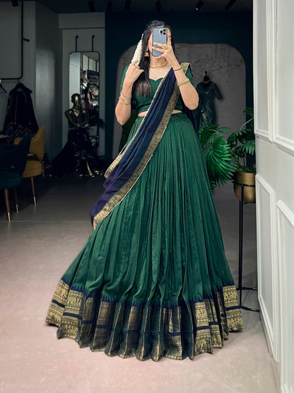 Traditional South Indian Poly Cotton Lehenga with Zari Woven Border & Gota Patti Dupatta