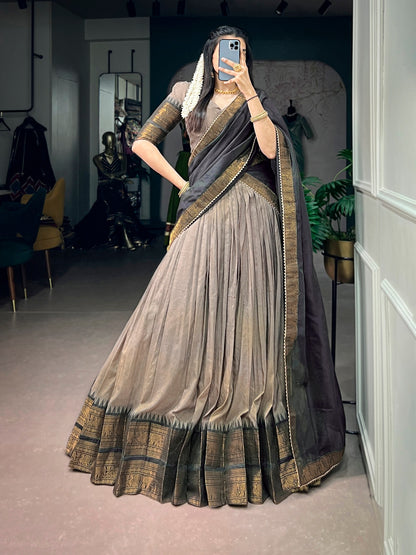 Traditional South Indian Poly Cotton Lehenga with Zari Woven Border & Gota Patti Dupatta